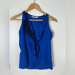 T Tahari Petite Womens Top Sz XS Royal Blue Sleeveless Ruffle V Neck Blouse Cami